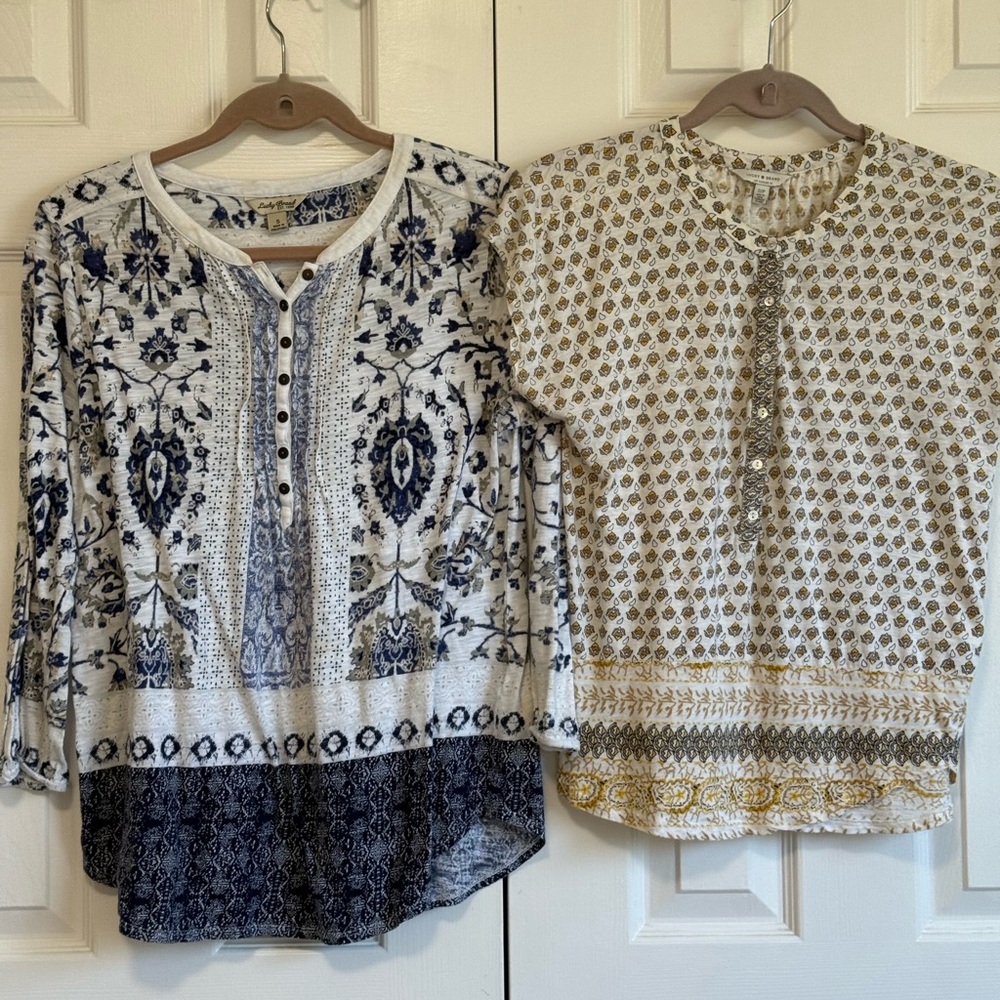 Lucky Brand bundle of (2) Blue and Gold Patterned Blouses. S